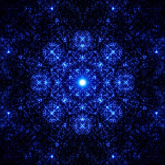 2. Moroccan mosaic and its Fourier transform (crystal size: 20 unit cells radius), reciprocal space