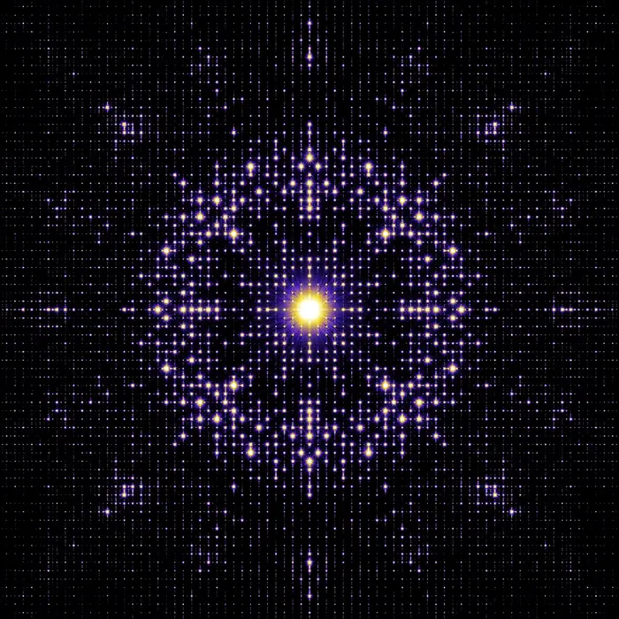 5. Alhambra tiling and its Fourier transform (crystal size: 50 unit cells radius), reciprocal space