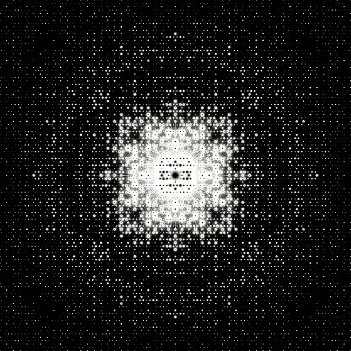 7. Fractal 太極圖 (tàijítú) mosaic and its Fourier transform (crystal size: 80 unit cells radius), reciprocal space