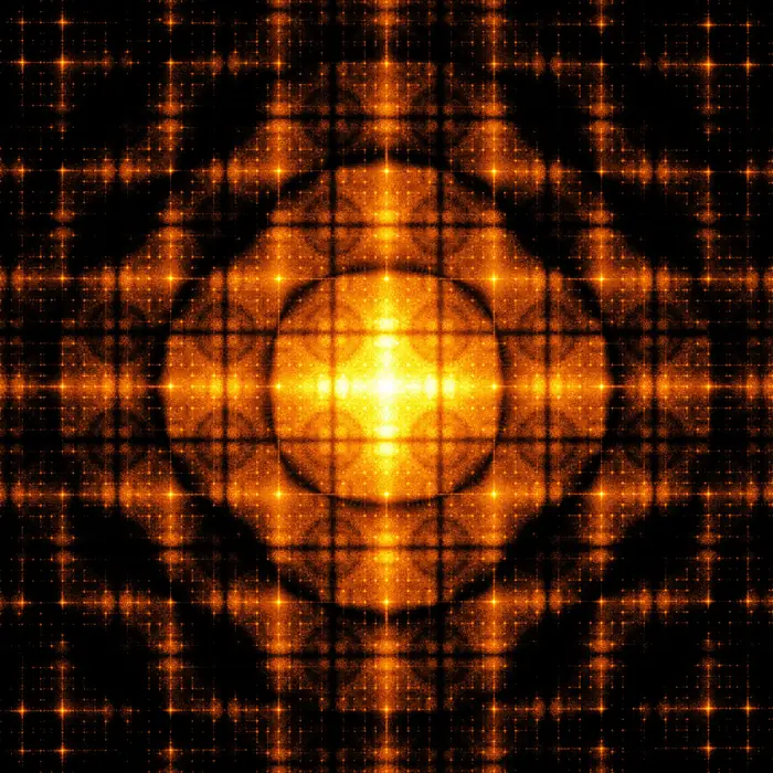 8. Handmade truchet tiling (10 type of tiles) and its Fourier transform (crystal size: 40 tiles radius), reciprocal space