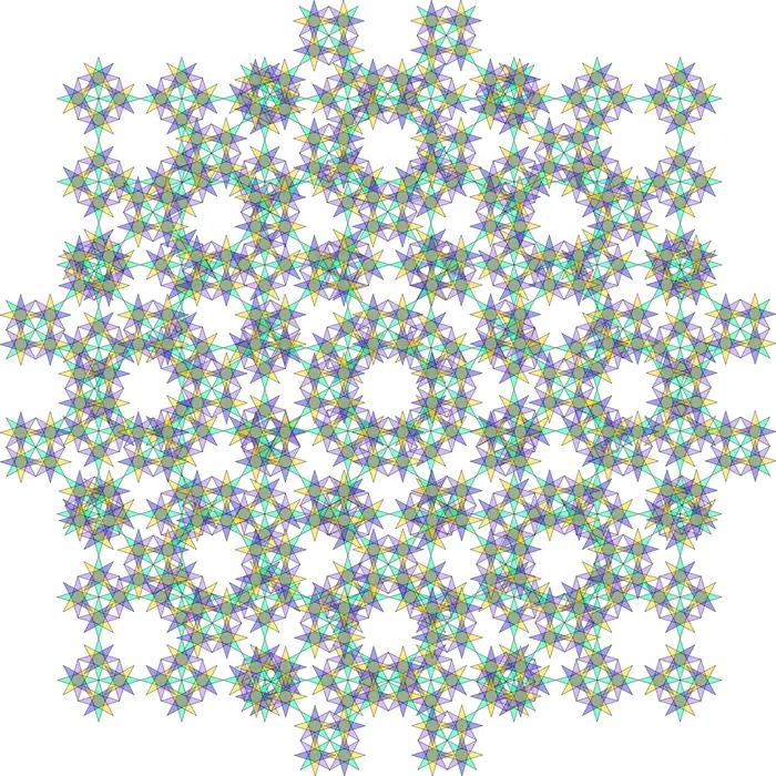 9. Handmade mosaic and its Fourier transform (crystal size: 12 tiles radius), real space