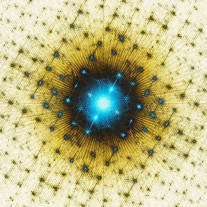 11. Polygons of Porygons (ポリゴン) and their Fourier transform (crystal size: 14 polygons radius), reciprocal space