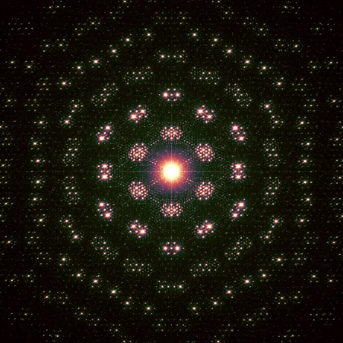 12. Moiré pattern #1 and its Fourier transform (crystal size: 130 unit cells radius, tilt angle 9°), reciprocal space