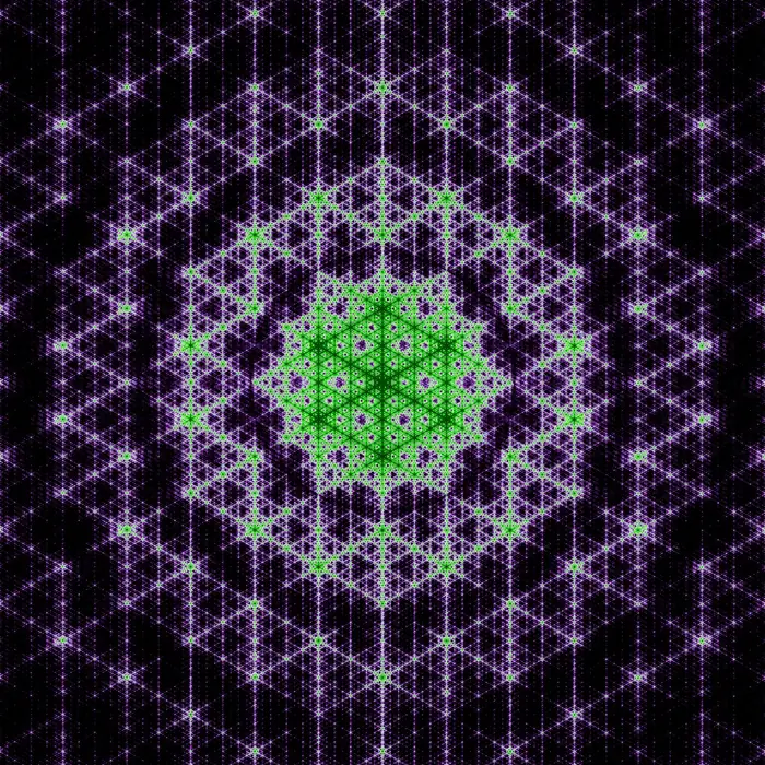 13. Sierpiński triangle and its Fourier transform (fractal dimension: 3^7 triangles), reciprocal space