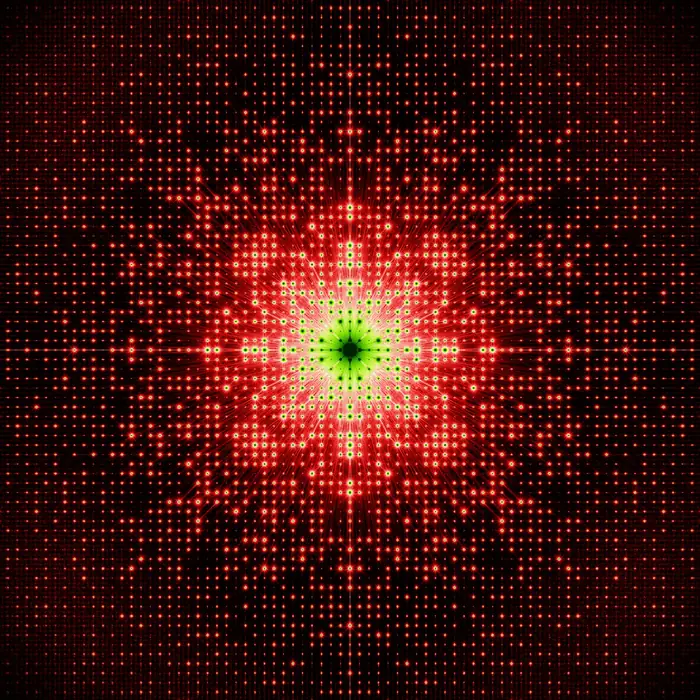 15. Kaleidoscope of a handmade fruit tart and its Fourier transform (crystal size: 30 fruit tarts), reciprocal space