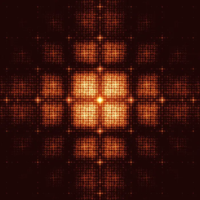 17. Disordered chocolate squares #1 and their Fourier transform (crystal size: 690 chocolate squares radius), reciprocal space
