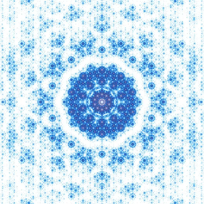 18. A quasi-snowflake and its Fourier transform (fractal dimension: 6x5^6 pentagons), reciprocal space