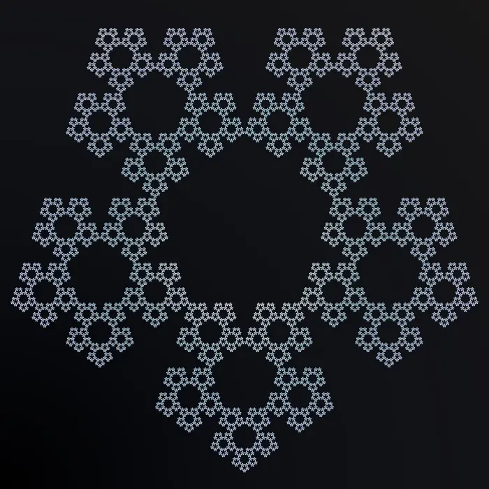18. A quasi-snowflake and its Fourier transform (fractal dimension: 6x5^6 pentagons), real space