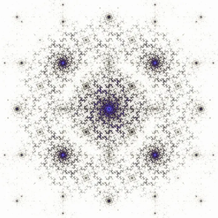 20. Dragon curve fractal and its Fourier transform (curve extension: 19 iterations), reciprocal space