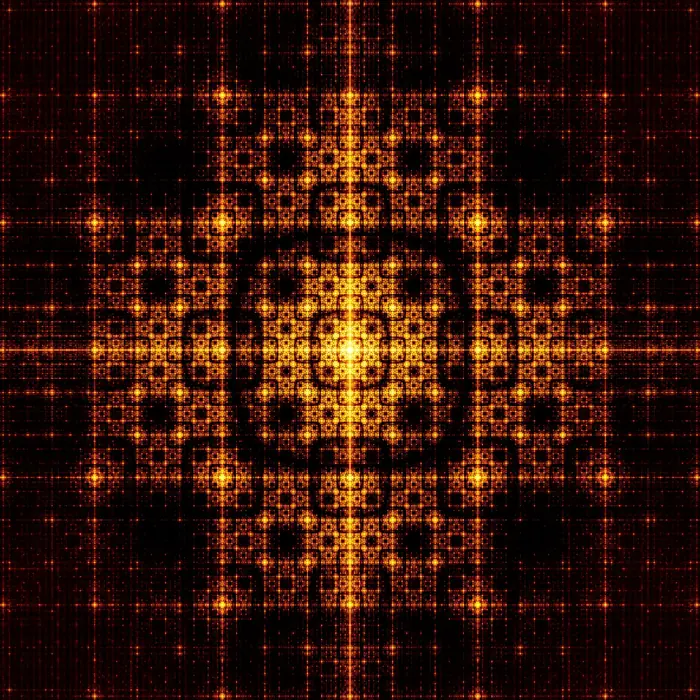 25. Menger sponge fractal and its Fourier transform (Fractal dimension: 8^8 squares), reciprocal space