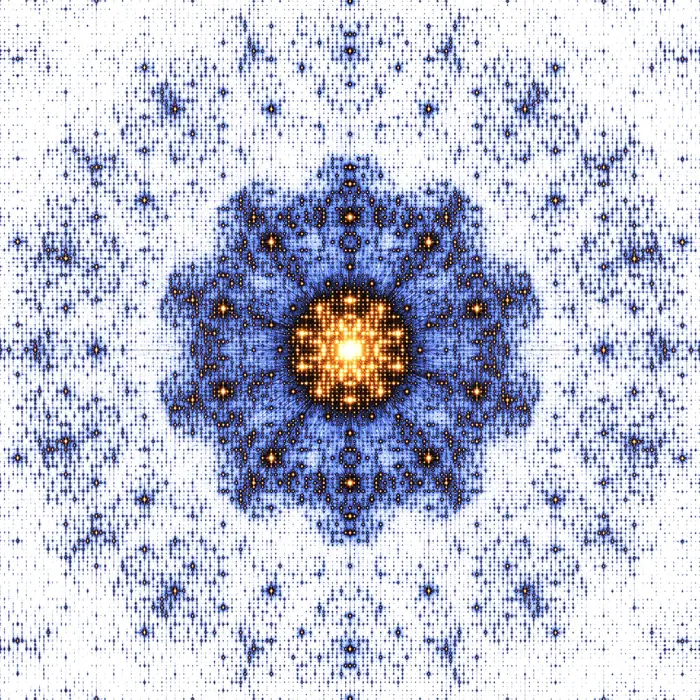 28. Periodic framework of pentagons and its Fourier transform (crystal size: 12 unit cells radius), reciprocal space
