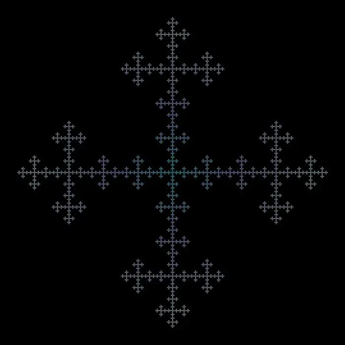 29. Vicsek fractal and its Fourier transform (Fractal dimension: 5^5 crosses), real space