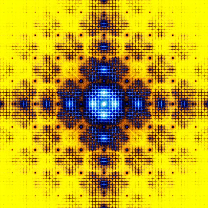 31. Aperiodic Pacman labyrinth and its Fourier transform (crystal size: 85 tiles radius; 4 types of tile), reciprocal space