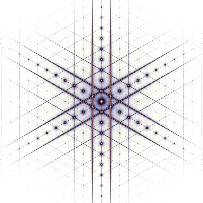 33. Hexagonal Hitomezashi (一目刺し) pattern and its Fourier transform (Crystal size: 250 segments ratio), reciprocal space