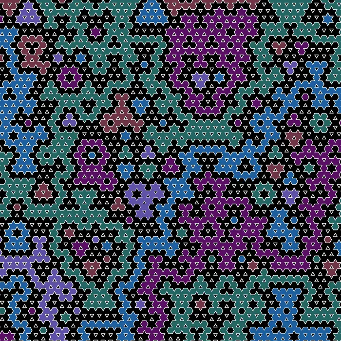 33. Hexagonal Hitomezashi (一目刺し) pattern and its Fourier transform (Crystal size: 250 segments ratio), real space