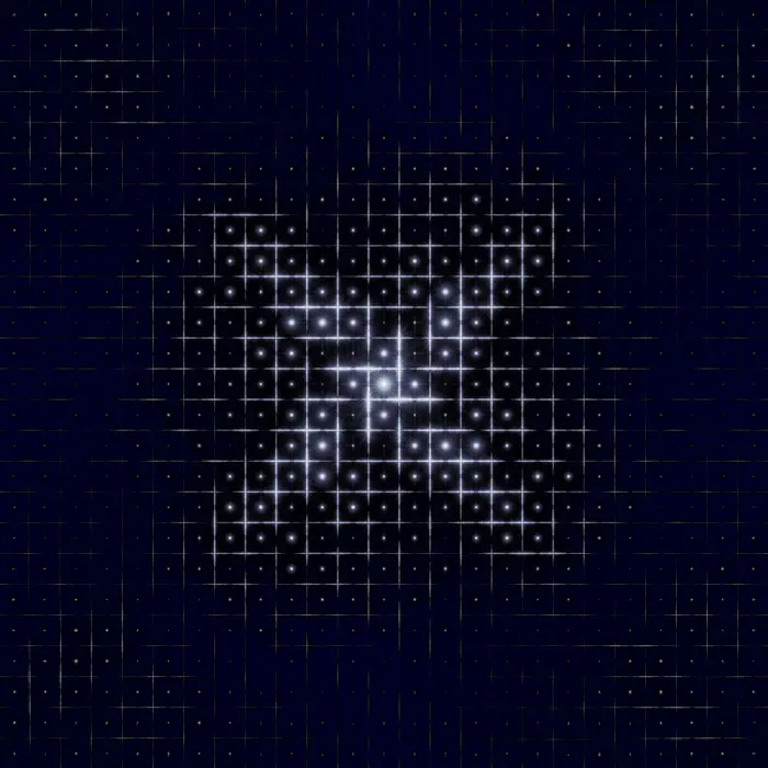 40. 'Shuriken' hitomezashi (手裏剣 一目刺し) pattern and its Fourier transform (Crystal size: 200 segments radius), reciprocal space