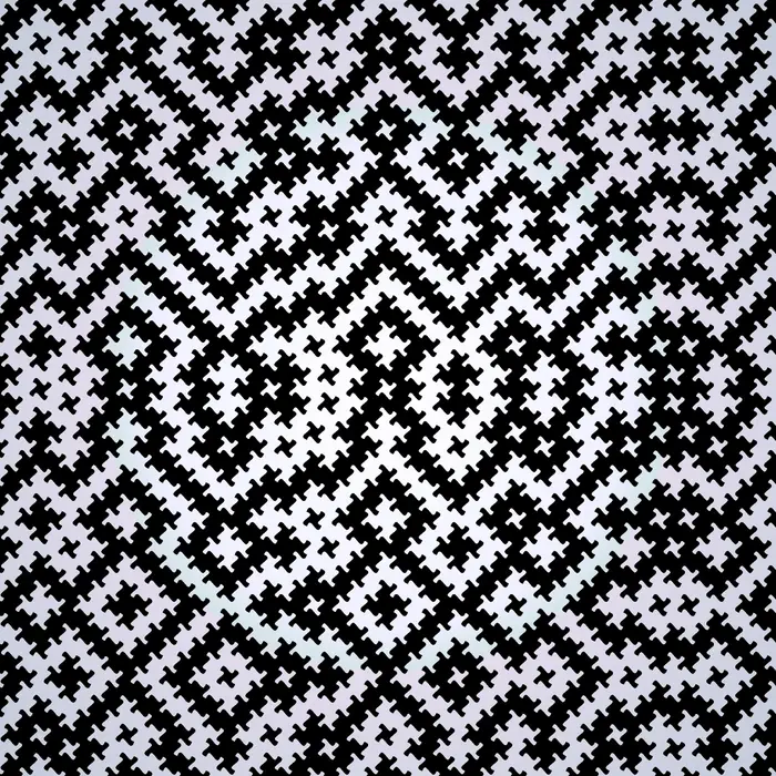 40. 'Shuriken' hitomezashi (手裏剣 一目刺し) pattern and its Fourier transform (Crystal size: 200 segments radius), real space