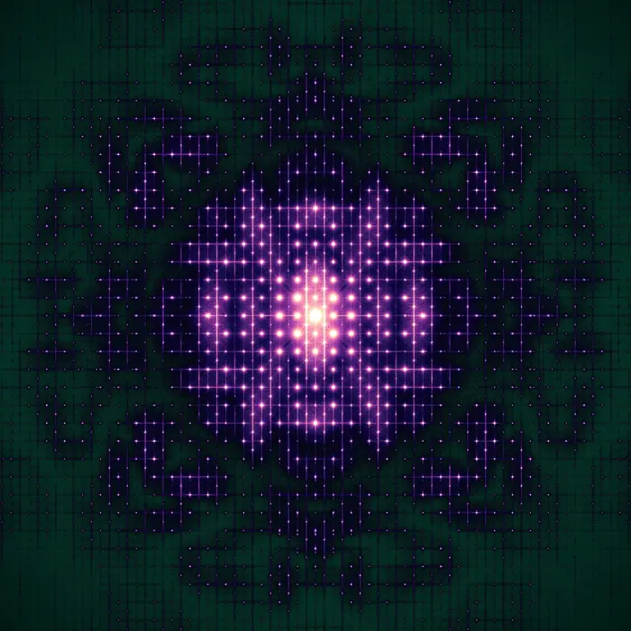 43. Multivariate distribution of colours in a molecular structure and its Fourier transform (4 variants of correlation parameters, one for each quadrant of the image)., reciprocal space