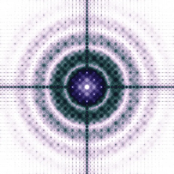 44. Close packing of 6-sided dice and their Fourier transform (crystal size: 50 dice radius), reciprocal space