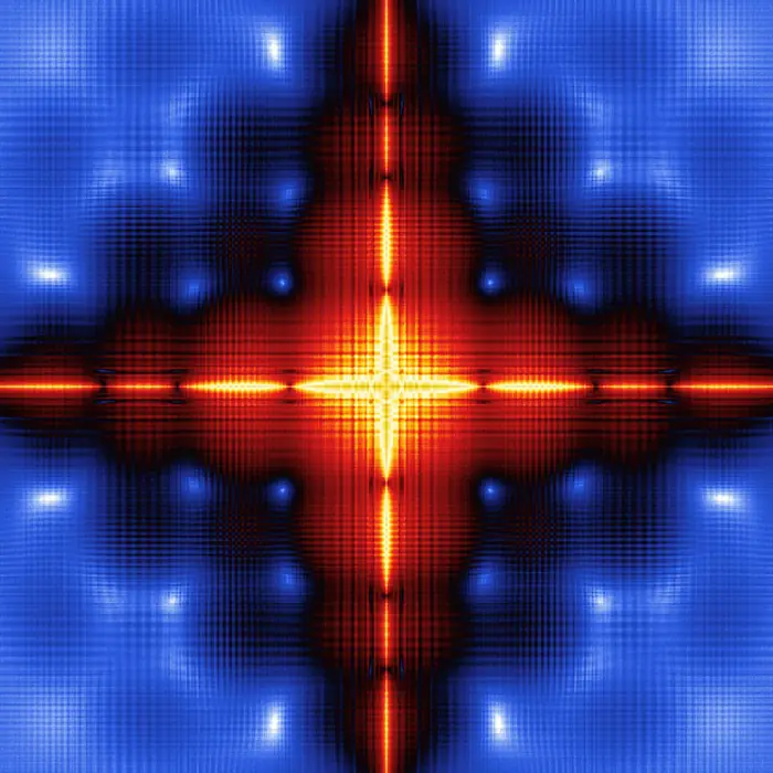 50. Disordered tiling inspired by "Composition in Red, Blue, and Yellow" by Dutch artist Piet Mondrian, and its Fourier transform (number of rectangles for the FT: 10^4) The tiling is created by generative coding in Processing. The source script is an adptation of the one available at github.com/erdavids/Mondrian-Tiles/blob/master/Mondrian_Tiles.pyde, reciprocal space