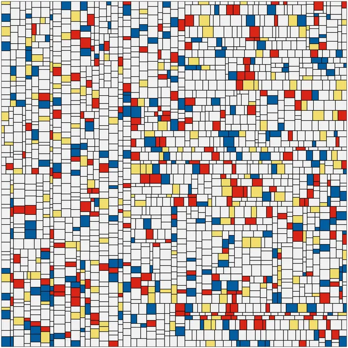 50. Disordered tiling inspired by "Composition in Red, Blue, and Yellow" by Dutch artist Piet Mondrian, and its Fourier transform (number of rectangles for the FT: 10^4) The tiling is created by generative coding in Processing. The source script is an adptation of the one available at github.com/erdavids/Mondrian-Tiles/blob/master/Mondrian_Tiles.pyde, real space