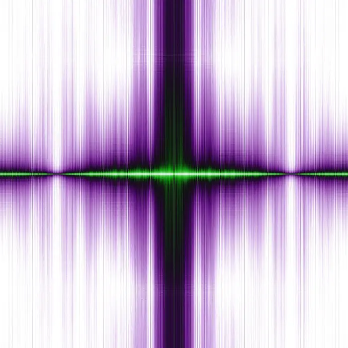 51. A barcode (code type 128) and its Fourier transform. The information contained is a sentence by Norman Joseph Woodland to describe the 'Eureka' moment that led him to the concept of barcodes: "For whatever reason I pulled my hand toward me and I had four lines"., reciprocal space