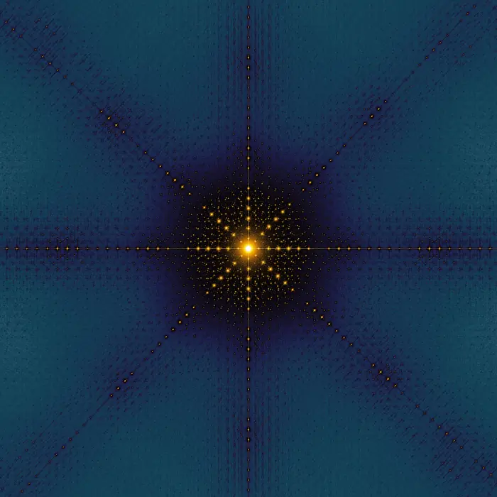 56. Moiré intersection of two square tilings of squares and its Fourier transform. Relative tilt angle: 43°., reciprocal space