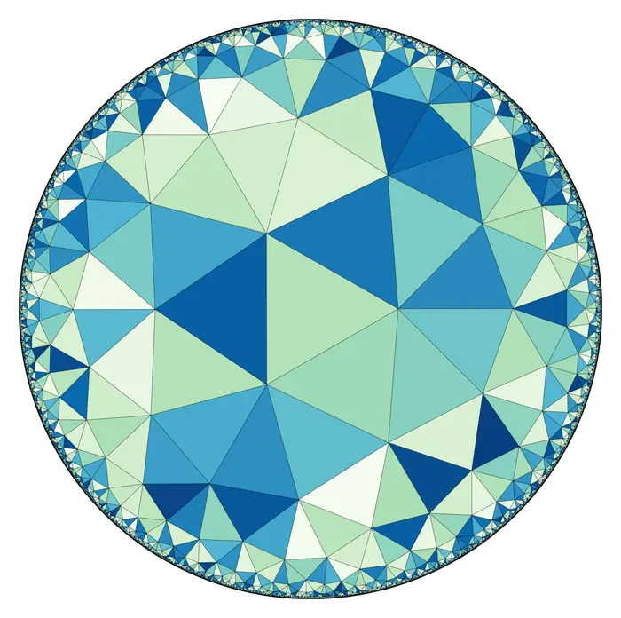 57. Hyperbolic tiling of triangles and its Fourier transform. Curve generation parameters: 7 polygons per vertex, layer depth 11., real space