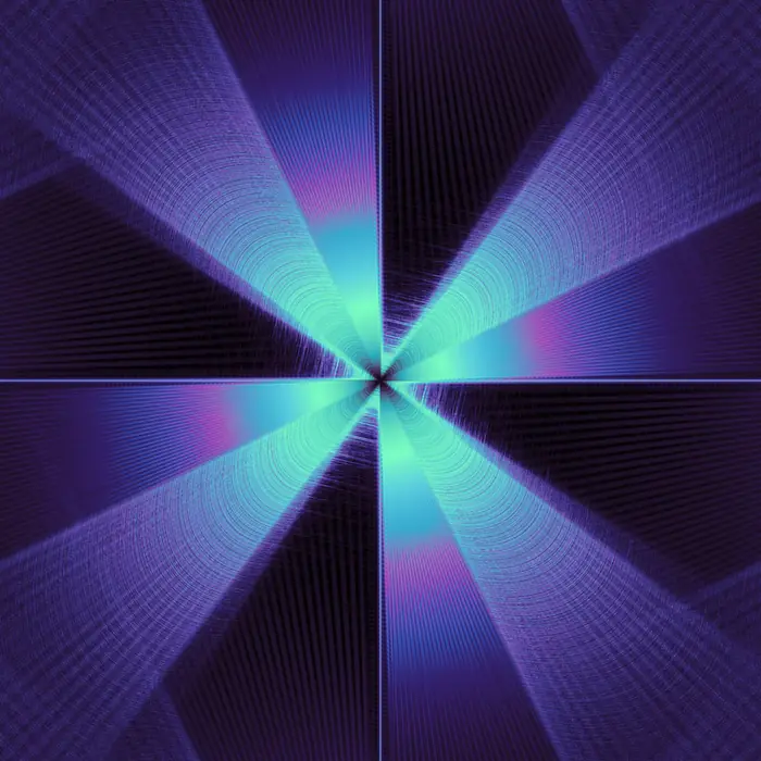 58. Greys whirlpool (handmade optical illusion) and its Fourier transform. The size of each section is modified by an inward exponential decrease with factor 0.75., reciprocal space