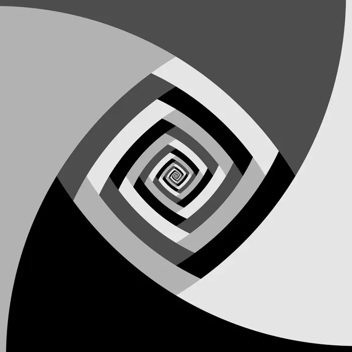 58. Greys whirlpool (handmade optical illusion) and its Fourier transform. The size of each section is modified by an inward exponential decrease with factor 0.75., real space